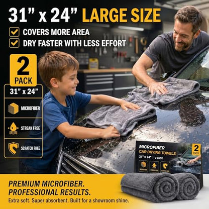 2 Pack Professional Large Microfiber Car Drying Towels (31" x 24"), Scratch Free, Lint Free, Highly Absorbent Quick Drying Towel Cloth for Cars, SUVs, RVs, Trucks Boats, Car Detailing