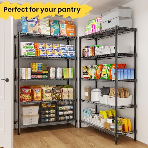 45" W Storage Shelves 5 Tier Wire Shelving, Adjustable Metal Shelving Unit with Shelf Liners, 1875LBS Heavy Duty Storage Rack for Garage Pantry Kitchen Commercial, 45" W x 16" D x 72" H, Black - size: 45" W x 16" D x 72" H-5 Tier