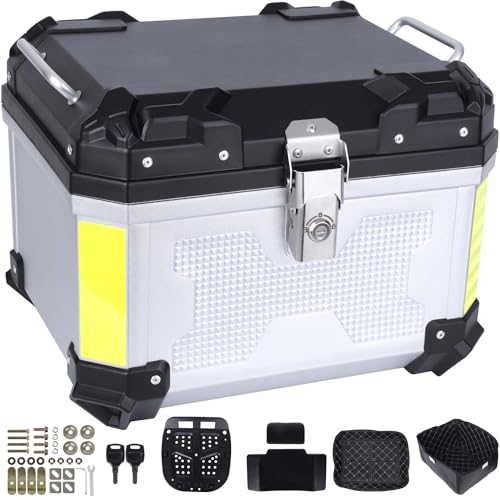 Motorcycle Top Case 45L Trunk Tail Box Bag Aluminum alloy handle With Leather Lining Anti-Theft With Lock And Back Cushion Waterproof Dustproof Easy Installation With Universal Bracket Silver - color: Silver（45L-Single Lock）
