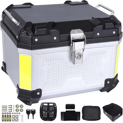 Motorcycle Top Case 45L Trunk Tail Box Bag Aluminum alloy handle With Leather Lining Anti-Theft With Lock And Back Cushion Waterproof Dustproof Easy Installation With Universal Bracket Silver - color: Silver（45L-Single Lock）