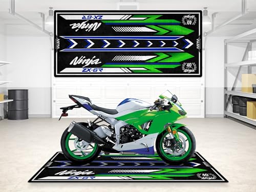 Parking Mat for Ninja ZX-6R Series Motorcycle Models, Pit Mat, Washable Non-Slip Garage, Showroom Mat, Rug (40th Anniversary, Size 2: 102 x 47/260 x 120 cm)
