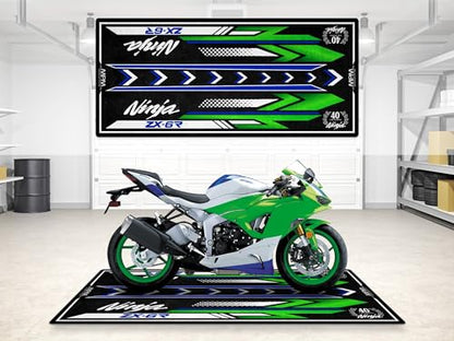 Parking Mat for Ninja ZX-6R Series Motorcycle Models, Pit Mat, Washable Non-Slip Garage, Showroom Mat, Rug (40th Anniversary, Size 2: 102 x 47/260 x 120 cm)