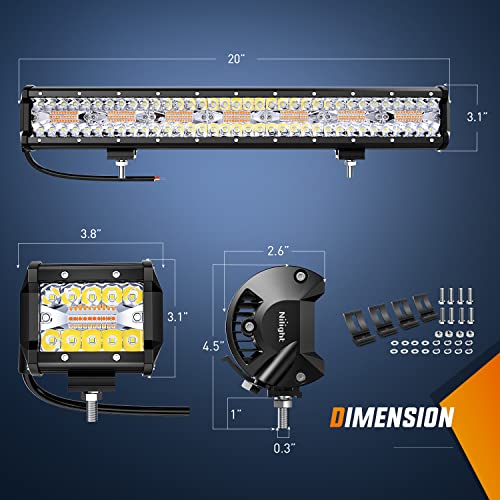 Nilight 20Inch 420W LED Light Bar 2PCS 4Inch 60W Light Pods Amber White Strobe 6 Modes Memory Function Reset Function Off Road Truck with 16AWG Wiring Harness Kit-3 Lead - color: Amber&White - 20Inch Light Bar + 2Pcs 4Inch Pods + Wiring Harness + 6 Modes
