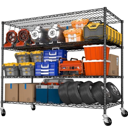 Heavy Duty Garage Shelving with Wheels: 55.5" W x 24" D x 81" H 4 Tier Wire Metal Storage Shelves, Adjustable NSF Commercial Shelf, Rolling Tote Rack Organizer for Pantry, Warehouse, Black - size: 55.5"W x 24"D x 81"H