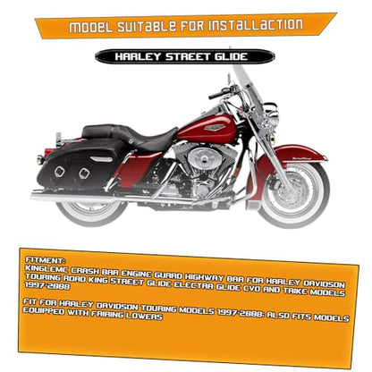 Kinglemc Crash Bar Engine Guard Highway Bar for Harley Davidson Touring Road King Street Glide Electra Glide CVO and Trike Models 1997-2008 (Chrome) - color: Chrome-D