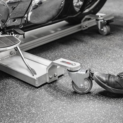 Black Widow Pro Motorcycle Dolly Strong Lightweight Aluminum 1,500 lb. Weight Capacity Fully Adjustable Kickstand Plate Locking Casters