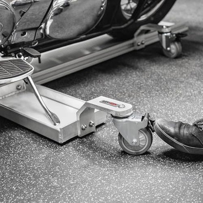 Black Widow Pro Motorcycle Dolly Strong Lightweight Aluminum 1,500 lb. Weight Capacity Fully Adjustable Kickstand Plate Locking Casters