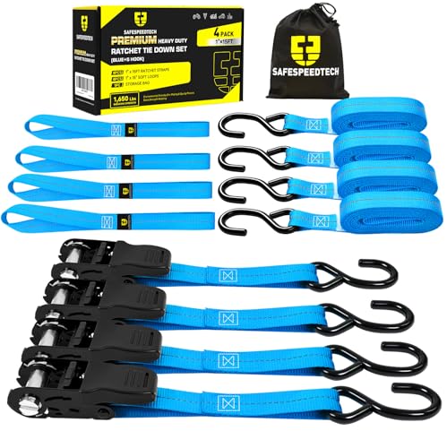 Ratchet Straps Tie Downs 4 Pack - 1 in x 15 ft Motorcycle Tie Down Straps - 4 Soft Loops with Safety S Hooks - 1650 lbs Breaking Strength - Ratchet Tie Down Set for Motorcycle, Truck, ATV, UTV - Blue - color: Blue, size: 1650LB - 15Ft