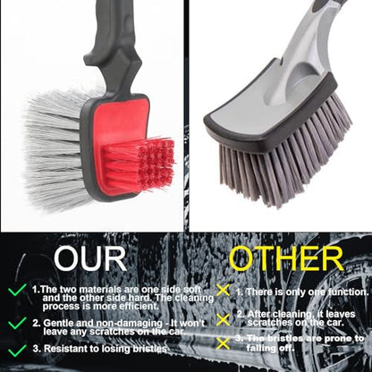 Car Wash Brush, Wheel Brush & Tire Brush Kit - Dual-Head Soft Bristle Car Detailing Brush for Wheels, Rims, Tires, Exterior Surfaces Safe for Cars, Trucks, Motorcycles, RVs Red, 10 Inch