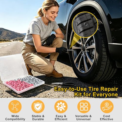 76PCS Tire Repair Rubber Nail Kit, 2 Sizes Premium Spiral Screw-in Tire Plugs, Tire Screw Plugs with Screwdriver, Pliers, Fast Self-Service Tool for Car, Truck,Motorcycle,Tractor Tire Puncture Repair - size: 76PCS