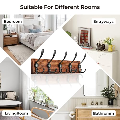 Coat Rack Wall Mounted, Pre-Assembled 16" Coat Hooks with 5 Hooks, Heavy Duty Rustic Farmhouse Wood Plank Hooks for Hanging Hat, Clothes, Keys, Jacket, Purse - Door, Entryway, Mudroom - size: Pine wood - double hook