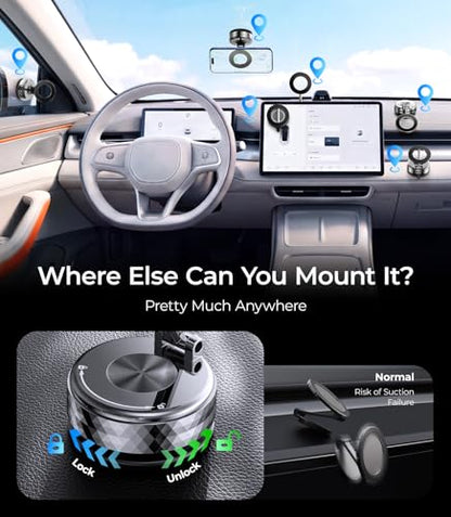 Meifigno Fits 360 ° Rotating Magsafe Car Mount for Tesla, [All-Metal & Upgraded Suction],Vacuum Magnetic Phone Holders for Your Car, Tesla Screen/Windshield/Dashboard Mount for iPhone Android
