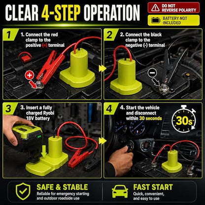 Jumper Cables Adapter Compatible with Ryobi 18V Battery, 12AWG 2FT Battery Jumper Cable with Alligator Clamps, Emergency Booster Cable for Compact Cars, Motorcycles, ATVs and Lawn Equipment