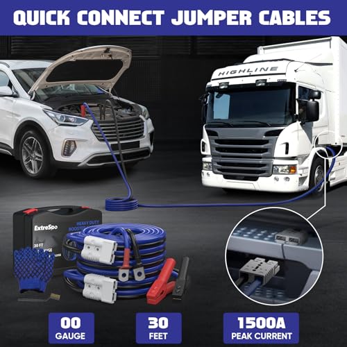EXTRESPO 2/0 Gauge 30 FT Heavy Duty Jumper Cables, 1500Amp Quick Connect Booster Cables for 12V & 24V Cars, SUVs and Trucks, Kit with Carry Case, Gloves, Brushes - size: 00 Gauge 30 FT