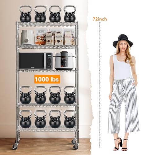 YNN Storage Shelves,1750Lbs 5 Tier Heavy Duty Metal Rolling Shelving Unit with Wheels & 8 Hooks, Adjustable Garage Wire Rack for Kitchen, Bathroom,Industrial,Pantry(36" W x 14" D x 72" H, Chrome) - size: 36"x14"x72" 5-Tier