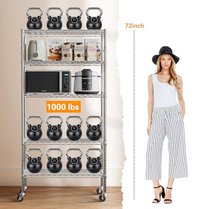 YNN Storage Shelves,1750Lbs 5 Tier Heavy Duty Metal Rolling Shelving Unit with Wheels & 8 Hooks, Adjustable Garage Wire Rack for Kitchen, Bathroom,Industrial,Pantry(36" W x 14" D x 72" H, Chrome) - size: 36"x14"x72" 5-Tier