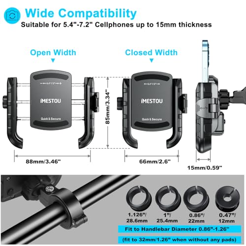iMESTOU Aluminum Motorcycle USB Phone Mount Charger with USB C Fast Charge Port Compatible with 5.4"-7.2" Phones Up to 15mm Thickness, Fits for 12mm-32mm Handlebars, Works with 12-24V Motorcycles