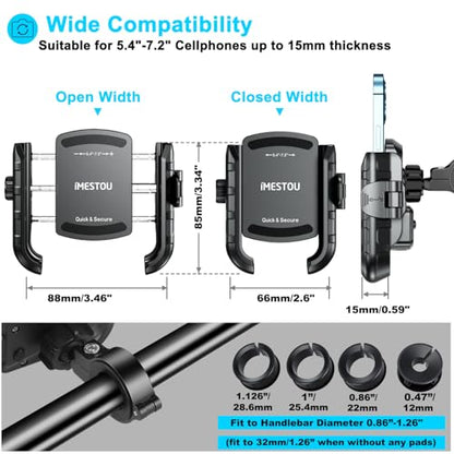 iMESTOU Aluminum Motorcycle USB Phone Mount Charger with USB C Fast Charge Port Compatible with 5.4"-7.2" Phones Up to 15mm Thickness, Fits for 12mm-32mm Handlebars, Works with 12-24V Motorcycles