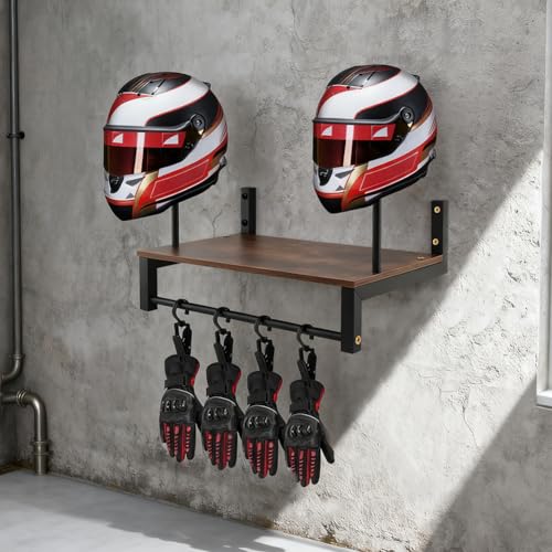 Motorcycle Helmet Holder Wall Mount, 2 Helmet Stands with Gear Rail and 4 Detachable Clips, Wood and Metal Helmet Rack, 16.14 x 10.24 x 13.38 in, Includes Storage Bag and Hardware