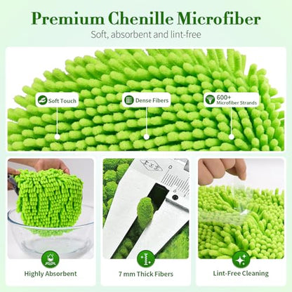 Car Wash Brush with Long Handle - 62" Car Wash Kit with Chenille Microfiber Cleaning Brush, Car Washing Mop with 3 Replacement Mitts, Scratch-Free Scrub Washer Wand for Vehicles, RV, Truck Green - color: Green