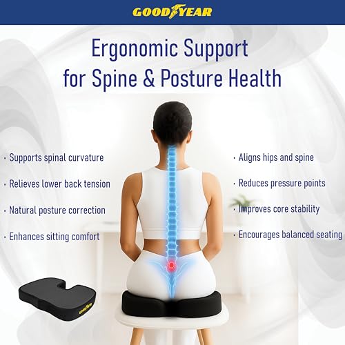 Goodyear Memory Foam Seat Cushion for Car & Office Chair – Tailbone Pain Relief, Cooling Pillow, Ergonomic Posture Corrector, Car Accessories & Home Office Essentials
