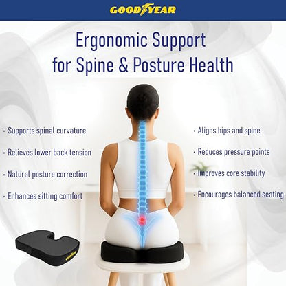 Goodyear Memory Foam Seat Cushion for Car & Office Chair – Tailbone Pain Relief, Cooling Pillow, Ergonomic Posture Corrector, Car Accessories & Home Office Essentials