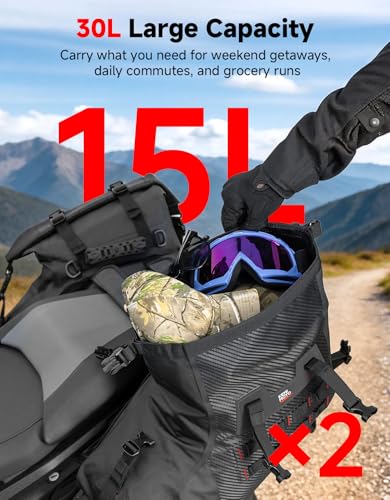 KEMIMOTO IPX6 Waterproof Motorcycle Saddlebags PVC Soft Panniers Side Tail Bag 30L(15Lx2) Motorbike Dirtbike Dual Sport Bike Adventure Travel Luggage Rackless Saddle Bags Black