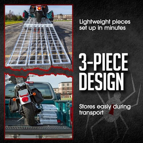 Black Widow 9' Aluminum Folding Motorcycle Ramp, Extra-Wide 3-Piece Arched Ride-Up Loading Ramp for Trucks and Trailers, 1,500 Lb Capacity, Silver - size: 9 feet