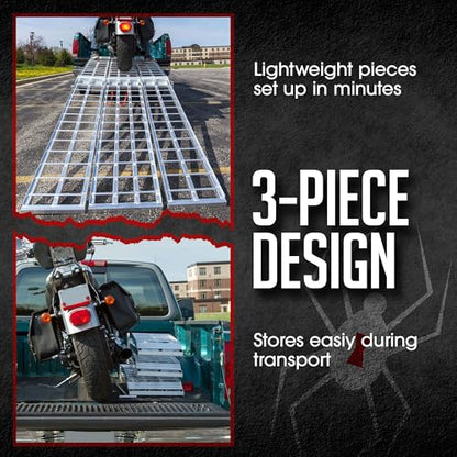 Black Widow 9' Aluminum Folding Motorcycle Ramp, Extra-Wide 3-Piece Arched Ride-Up Loading Ramp for Trucks and Trailers, 1,500 Lb Capacity, Silver - size: 9 feet