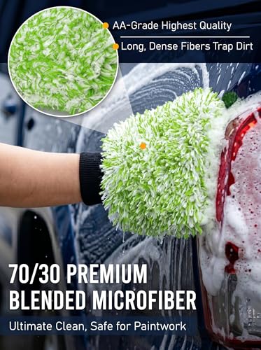 TAKAVU Car Wash Mitt Scratch Free, 2 Pack Microfiber Wash Mitts for Auto Detailing, Soft Lint Free Cleaning Gloves, Holds Sudsy Water, Machine Washable (Green & White) - color: Green