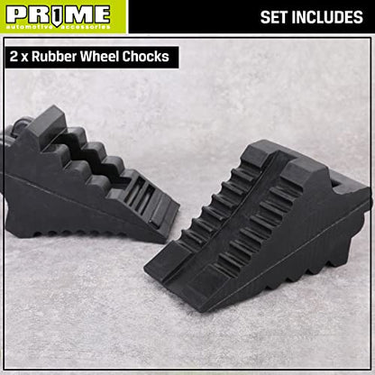 Prime 1 PR1ME Heavy Duty Rubber Wheel Chocks, Rubber Tire Blocks, RV Solid Rubber Wheel Wedge Blocks, 2 Pack Black 8.6" x 3.7" x 4.7", Carrying Handle, for Travel Trailer, Camper, RV, Truck