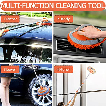 WillingHeart 47.5" Car Wash Brush Mop Cleaning Tool with Long Handle Kit for Washing Detailing Cars Truck, SUV, RV, Trailer, Boat 2 in 1 Chenille Microfiber Sponge Duster Not Hurt Paint Scratch Free - color: Orange