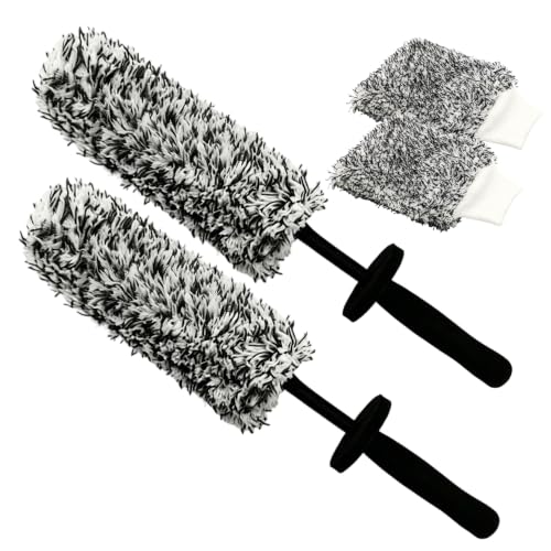 Wheel Barrel Brush, 2026 New Long Handle Microfiber Wheel Brush Car Duster Exterior,Car Duster Interior Multipurpose Cleaning Tool (Black Set/2 Set) - color: Black Set/2 Set
