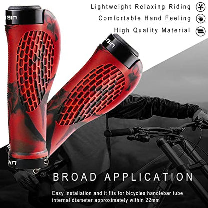 TOPCABIN Ergonomic Bike Grips - Widen Holding Rubber Grips with Aluminum LockGrips for Mountain & Road Bikes - color: Rubber Red (1 Pair)