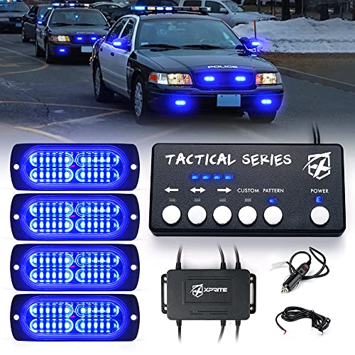 Xprite 24 LED Blue Surface Mount Strobe Police Lights Kit, Emergency Safety Warning Flashing Grille Safety Cop Marker Light Assembly for Volunteer Vehicles Trucks ATV UTV Motorcycle 4PCS - color: Blue, size: 4 PCS