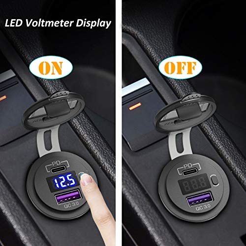Qidoe 2 Pack PD3.0 20W and QC3.0 18W USB C Car Charger With LED Voltmeter and ON/Off Switch for Boat, RV, Truck, Golf Cart, Motorcycle