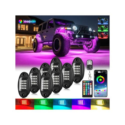 8Pods RGB LED Rock Lights for Jeep Trucks Golf Cart ATV UTV RZR SUV Offroad, Multicolor Underglow Light Kit with APP/RF Remote Dual Zone Neon Vehicle Accent Underbody Light 12V Waterproof - size: 8Pods