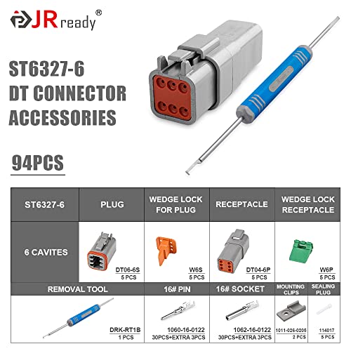 JRready 6 Pin Deutsch Connector Kit DT Series, 6 Pin Way Gray Waterproof DT Connector(5 Set), Size 16 Stamped Contacts 14-18AWG for Car, Truck, Motorcycle, Off-Road Vehicles, Marine, ST6327-6 - size: 6-Pin (5 Pairs)