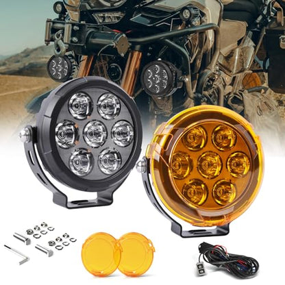 BraveWAY Motorcycle LED Driving Fog Lights 4.5IN 140W 15530LM White/Yellow Spotlight Auxiliary Offroad Ditch Pod Lights with Amber Covers Mount Brackets for Adventure Cruise Touring Motorcycle - size: 4.5INCH-7-F