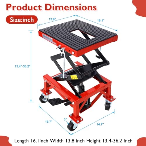 Hydraulic Motorcycle Lift Table, 350 lbs Capacity Scissor Jack Lift with Wide Deck, J-Hooks, 4 Wheels, Foot-Operated Jack Stand for ATV Dirt Bikes (Red) - color: Red