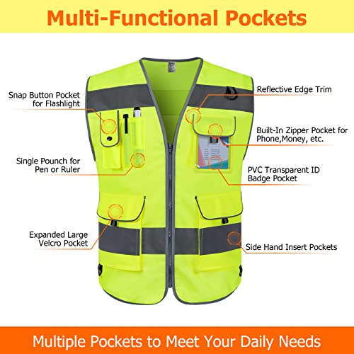 TCCFCCT High Visibility Vest 9 Pockets Hi Vis Reflective Safety Vest for Men Women, Construction Vest with Reflective Strips, Meets ANSI/ISEA Standards, (Yellow, Small) - color: Yellow Fabric-bison 001, size: Small