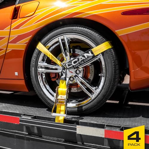 VULCAN Car Tie Down with Flat Hooks - Lasso Style - 2 Inch x 96 Inch - 4 Pack - Classic Yellow - 3,300 Pound Safe Working Load - size: Flat Hooks - Classic Yellow (4 Pack)