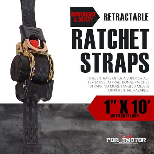 Retractable Ratchet Straps with Built-in Soft Loop, 1 Inch x 10 Feet Self Retracting Straps for Cargo, Truck, Motorcycle, ATV (4 Pack, with Storge Bag)