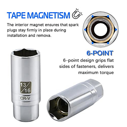 5PCS Magnetic Spark Plug Socket Set Includes 14mm 16mm Thin Wall Socket and 9/16-inch 5/8-inch and 13/16-inch Sockets 3/8-inch Drive Magnet Retains Spark Plugs - size: 5PCS Set