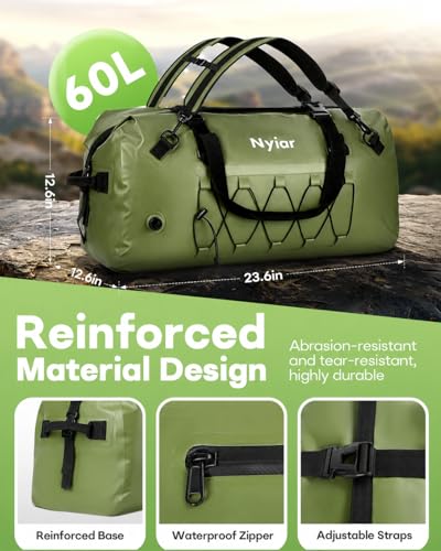 60L Waterproof Duffel Bag Motorcycle Dry Bag Backpack, Heavy-Duty Roll-Top Waterproof Bag with Sealed Seams & Waterproof Zipper for Riding, Kayaking, Camping & Travel (Green) - color: Green