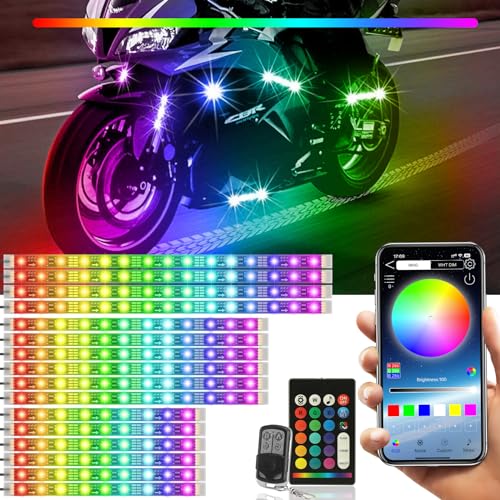 SUNPIE Motorcycle Underglow LED Light Kit 16 Pieces with Smart Brake & Turn Signal Sync 12V IP67 Waterproof RGB Neon Glow Enhanced Night Riding Safety for Harley Kawasaki Suzuki Indian All Motorcycles - color: RGB-16PCS Update