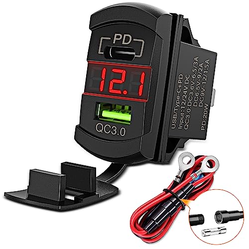 Nilight Rocker Switch Style USB Outlet LED Voltmeter Quick connector 12V PD Type C and USB QC 3.0 Cars Replacement with Inline Fuse for Switches Panel on Boats RV Truck Car - color: Type C + USB Voltmeter Red