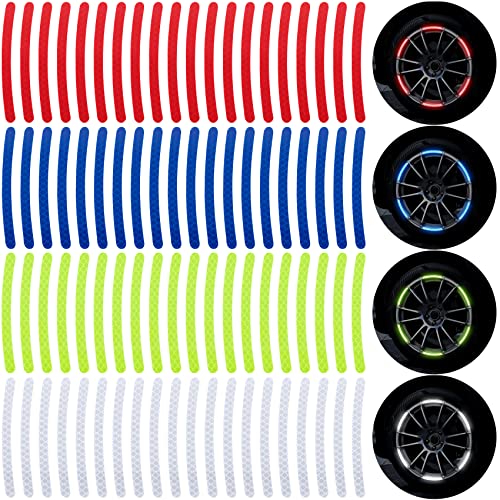 OIIKI 80PCS Reflective Car Wheel Rim Stickers, Wheel Adhesive Strips Stickers, Fluorescent Reflective Exterior Accessories Decorative Decals Tape for Car, Motocycle, Bicycle-Green, White, Blue, Red