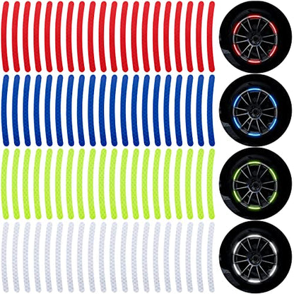 OIIKI 80PCS Reflective Car Wheel Rim Stickers, Wheel Adhesive Strips Stickers, Fluorescent Reflective Exterior Accessories Decorative Decals Tape for Car, Motocycle, Bicycle-Green, White, Blue, Red