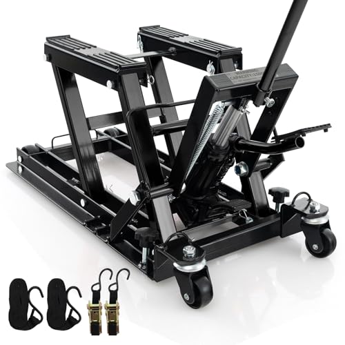 Goplus Motorcycle Lift, 1500 LBS Hydraulic ATV Scissor Jack with Footplates & Long Handle, 2 Ratchet Belts, 4 Wheels, 4.7”-15” Lifting Range, Motorcycle Jack Stand for Dirt Bike, UTV - color: Black